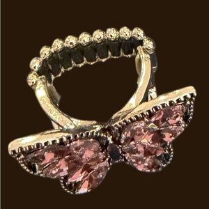 GORGEOUS GOLD-TONE STRETCH BUTTERFLY RING WITH PINK CRYSTALS